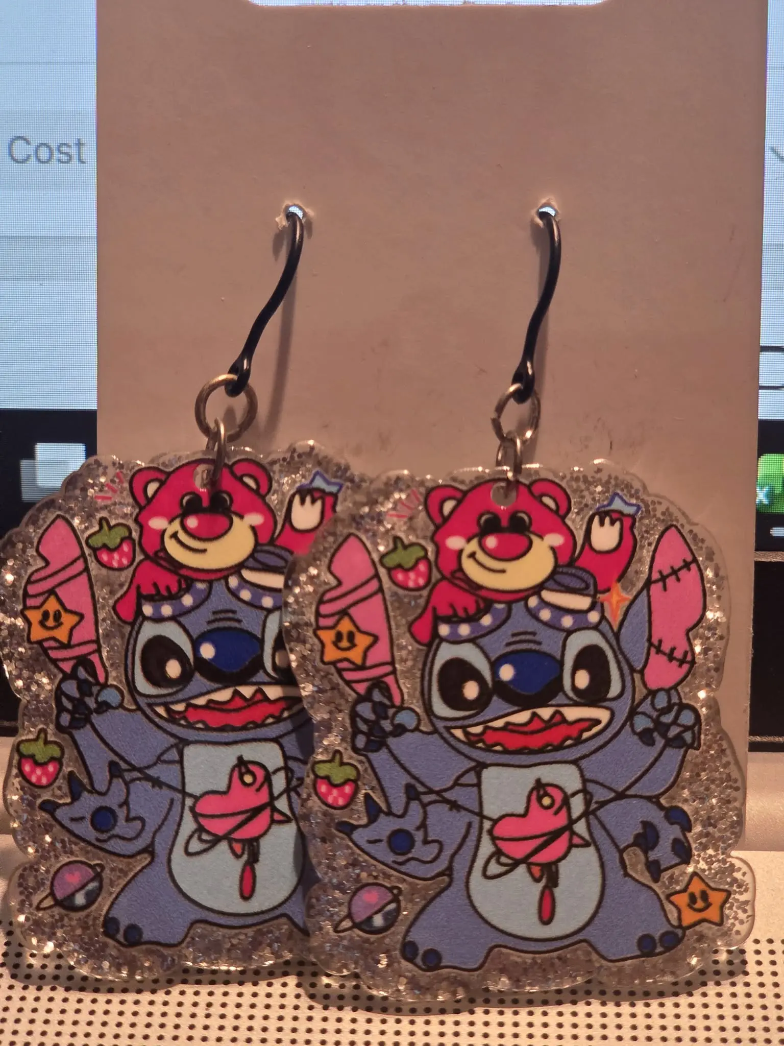 island blue alien with pink teddy  plastic dangly earrings