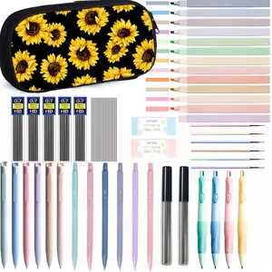 Aesthetic Pencil Case Supplies with Cute Sunflower Design Pastel Highlighters Gel Pens Mechanical Pencils Set 0.5 0.7 & 2.0mm Office Supplies College Essentials Kit Stationary Set