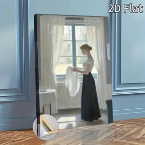 2D Flat, 1pc Elegant Woman by Open Window Framed Canvas Painting - Modern Classic White Light Art, Wrap-Around Wood Frame Wall Decor Suitable for Living Room, Bedroom, Office, Restaurant, Bar - / Use, 2D Flat	