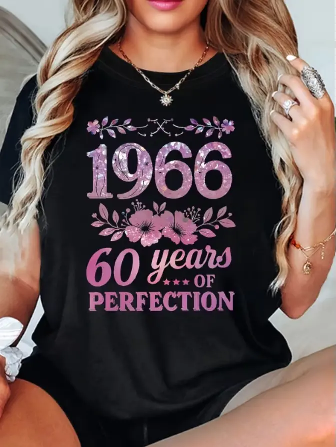 Women'S 1966 60th Birthday Theme T-Shirt | Glitter Flower & Slogan Decor, Casual Short Sleeve, Pink-Black Elegant Birthday Party Top