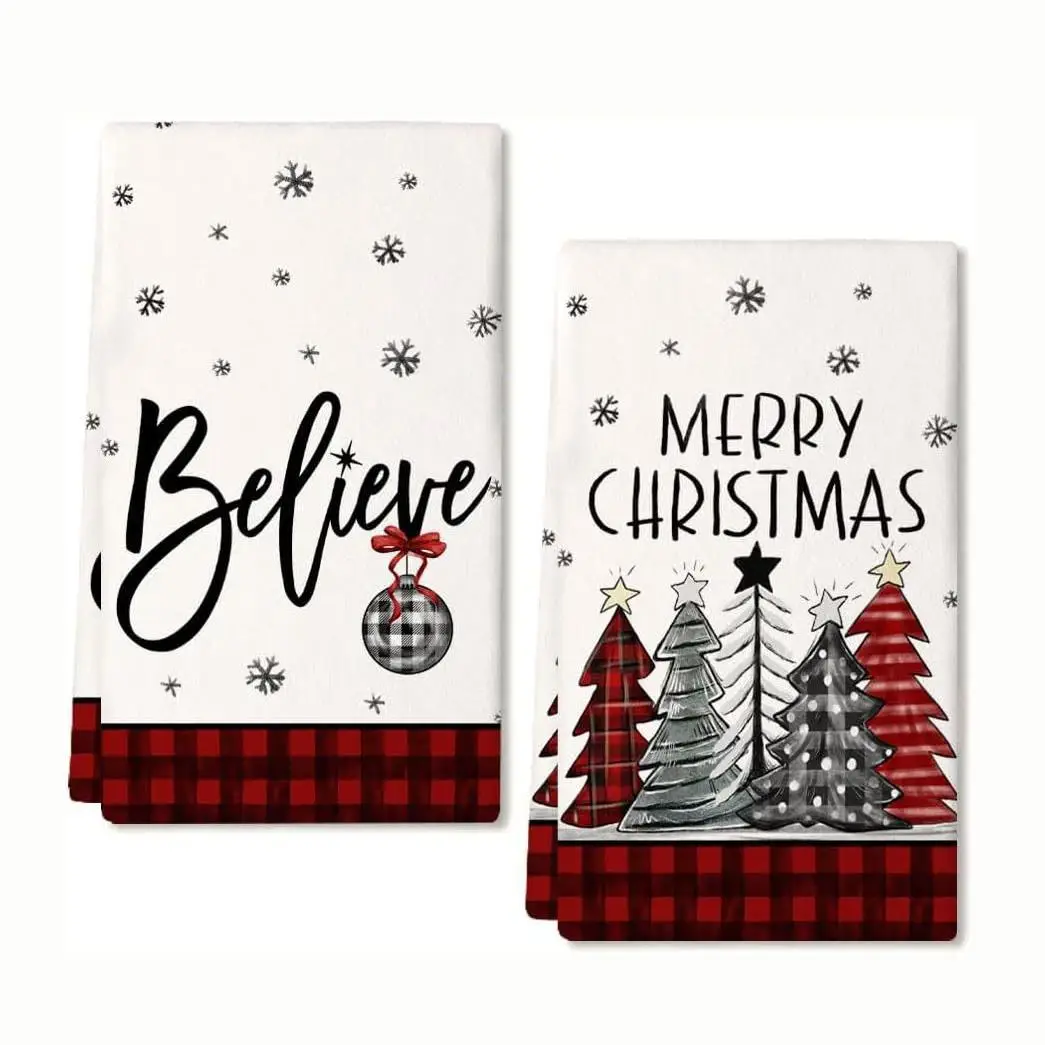 Christmas Themed Kitchen Towel, 2 Counts/set Merry Christmas Lettering Soft Absorbent Towel, Kitchen Cleaning Towel, Kitchen Accessories