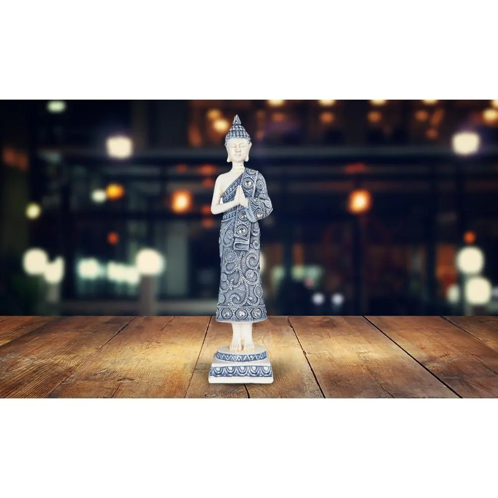 14.25"H Blue and White Buddha Praying Statue Feng Shui Decoration Religious Figurine