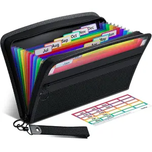 Receipt Coupon Organizer, 12 Pockets Small Accordian File Organizer, Junior Size 11x 6.6 Inches, Zipper Closure, Multi-Color Tabs