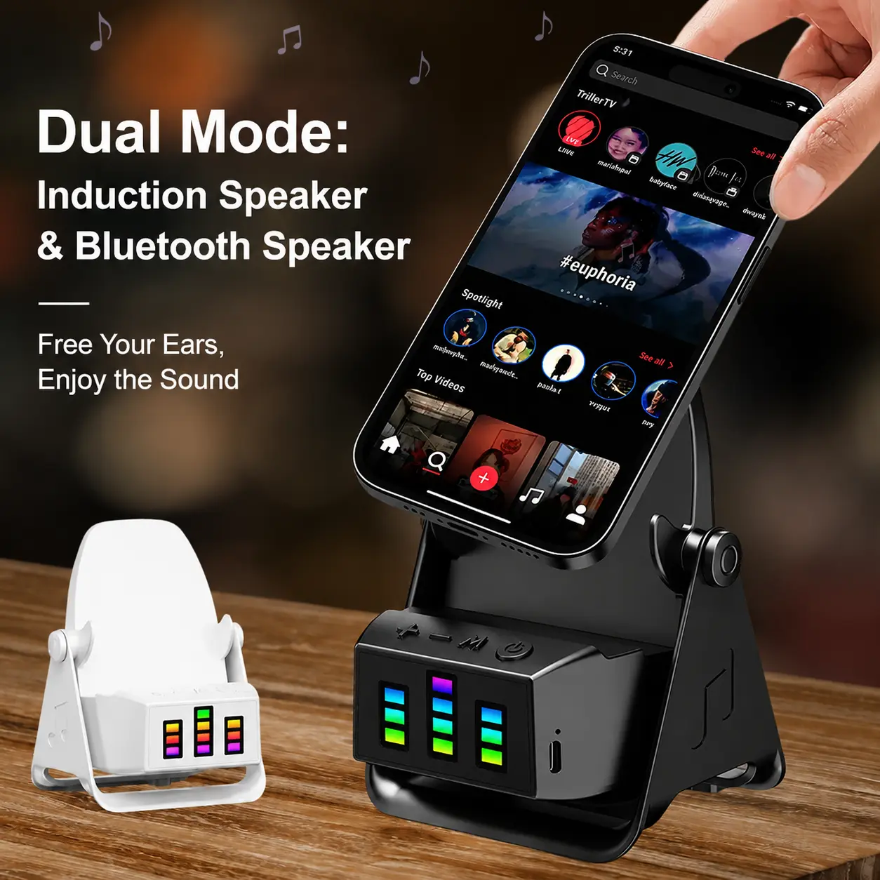 2-in-1 Phone Stand Speaker, No Bluetooth Needed Wireless Sensor Playback Desktop Mount, Color Changing Rhythm Light Holder for Android & iOS with 7-Color Rhythm LED Light, 180° Adjustable Desktop Phone Holder