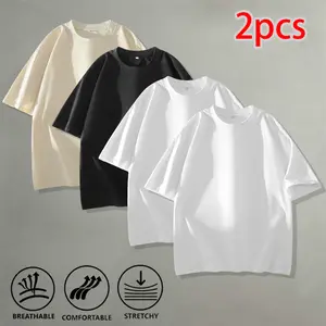 2-Pack Loose Solid Color Short Sleeve T-Shirts, Highly Stretchable and Breathable Casual Tops for Home and Commuting, Basic Undershirt/Base Layer