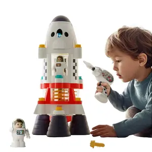 iPlay, iLearn Rocket Space Toys, Kids Spaceship Playset, Educational STEM Take Apart Building Blocks Set with Electric Drill, Christmas Gift for kids