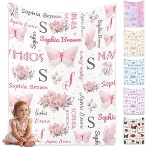 Personalized Baby Blanket With Name For Boys Girls Custom Blankets For Toddlers Kids Flannel Throw Baby Birthday Gifts For Baby Shower Nursery Blanket (Pink-Butterfly)