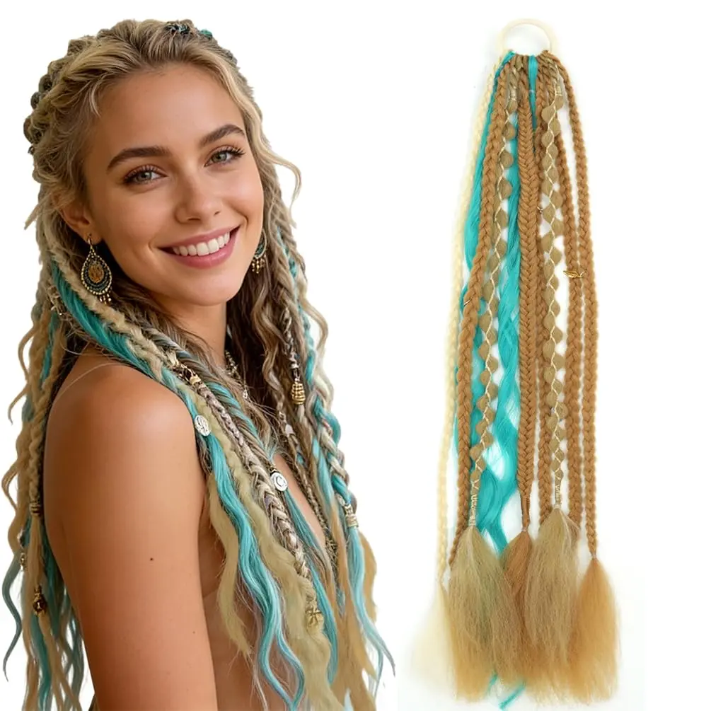 22 Inch Elastic Dread Ponytail Extension, Boho Braided Dreadlock Hair Extension with Hair Tie, Bohemian Dreadlock Ponytail Extensions with Beads Shell and Charms for Festival Travel Casual