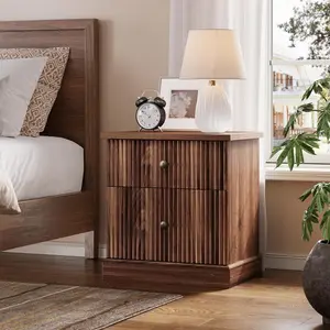 Modern Fluted Nightstand, Wood 24 Inch Bedside Table with 2 Drawers, Small Accent Storage Cabinet, Wood Grain Storage Cabinet with Curved Stable Base Side for Bedroom, Living Room,