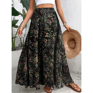 Women's Floral Print Skirt, Elegant Boho Bohemian Style Long Skirt for Beach Holiday Vacation, Ladies Bottoms for All Seasons, Womenswear