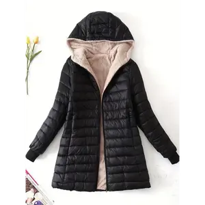 Women's Mid-Length Hooded Puffer Jacket with Zipper Closure, Long Sleeve, Elegant Style, Warm Fleece-Lined, Black, Chic Polyester Outerwear Fabric Womenswear Coats Tops