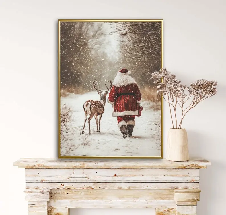 Santa Claus Reindeer Wall Art Poster, Christmas Poster, Santa Poster, Forest Snowfall in Winter Printable Christmas Home Decor