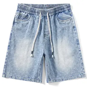 Light blue denim shorts with a unique jacquard texture, washed distressed finish, casual elastic waistband with drawstring, street-style mid-thigh length
