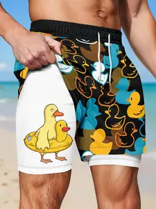 Men's Double-Layer Beach Shorts, 2-In-1 Duck Print, Quick-Dry, Summer Swim Trunks, Elastic Drawstring Waist, Breathable, Casual