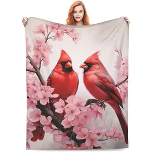 Flannel Blanket | Red Cardinal Flower Branch Blanket Gifts For Women Pink Floral Birds Flannel Throw Blankets Soft Comfy Lightweight For Home Decor Couch Bed Sofaes | Gift Blanket / All Season