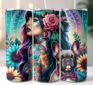 Frenchie Mom Tattoo 20 oz Stainless Steel Tumbler with Lid and Straw for Dog-Loving Moms - Water Bottles