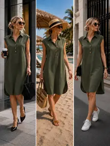 2026 Summer New Arrival Style V-Neck Button Sleeveless Slit Linen Cotton Women Dress, Elegant and Comfortable Design