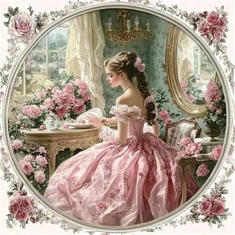 Vintage Rococo Girl in Pink Gown with Roses, Multiple sizes available including square diamonds, 5D DIY diamond painting set diamond art embroidery kit handmade furniture decor holiday birthday art personalized gift, Handmade Gifts