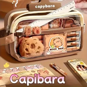 15pcs Water Buffalo Pencil Case Set, 5-Layer Transparent Storage Box, Includes Stickers, Figurines, Oil Pens, Sticky Notes, Best Back-To-School Gift, Pencil Bag