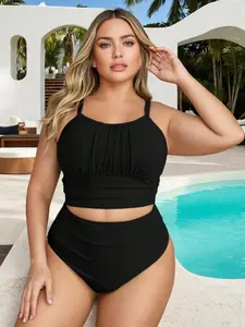 Plus Size Two-Piece Set Solid Color Tankini Set, Boho Sleeveless Swim Top & Swim Bottom Swimsuit for Beach Holiday Vacation, Women's Swimwear for Summer, Tankini Bathing Suits