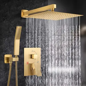 1set Luxury Rainfall Shower System - 8/12 Inch Square High Pressure Rain Shower Head, Handheld Sprayer, Wall Mounted Faucet Set - Brushed Golden - For Bathroom Remodeling - Perfect Gift for Homeowners