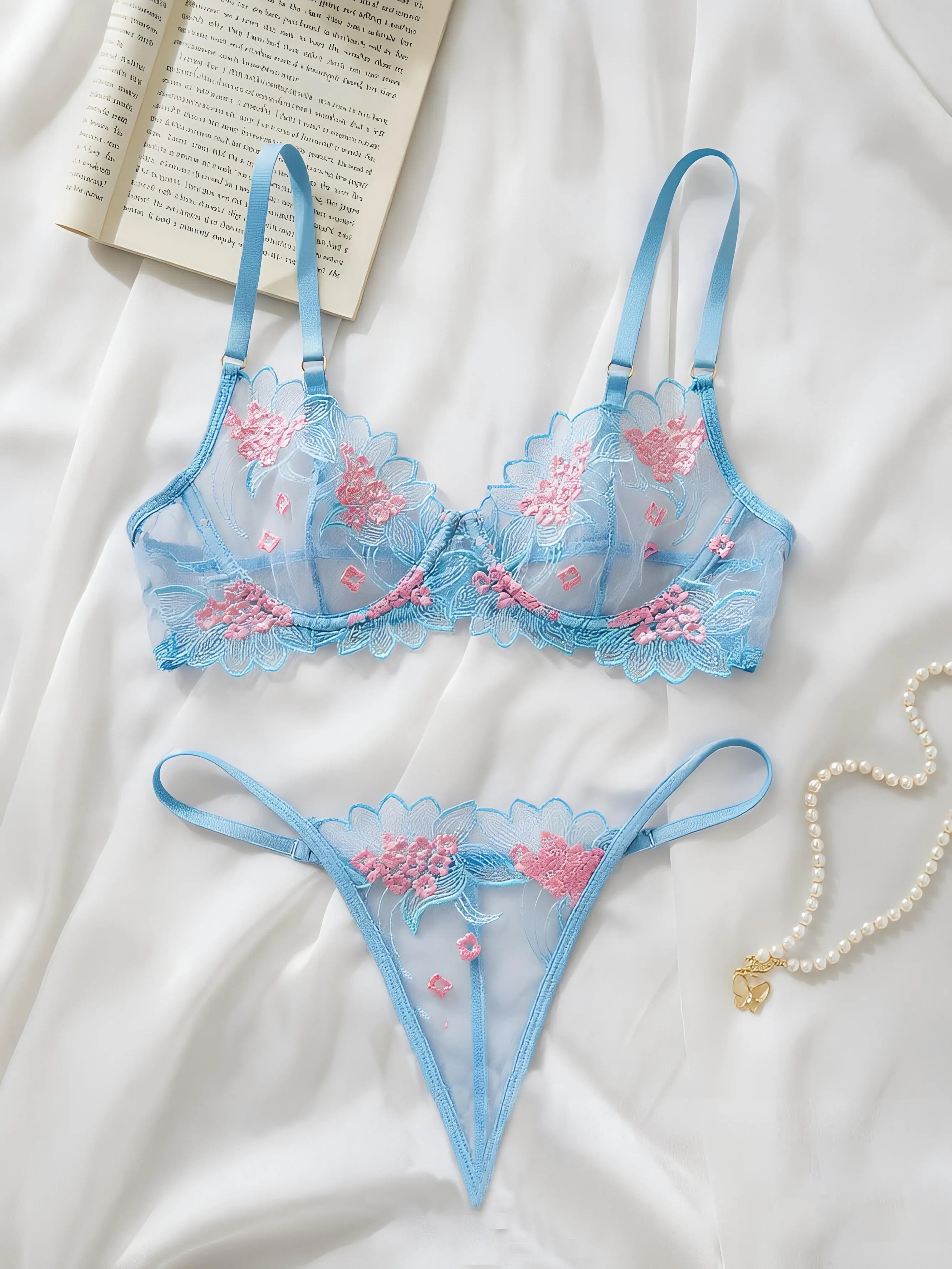 Women's V-Neck Lingerie Set, 2-Piece with Floral Embroidery and Lace Trim, Comfortable Fit for Date Night Elegance