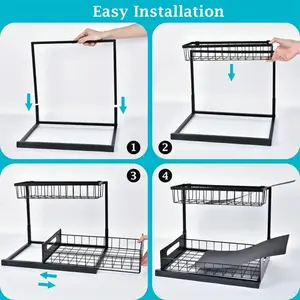 2-Tier Slide-Out Under Sink Organizer - Heavy-Duty Cast Iron Pull-Out Cabinet Shelf with Adjustable Compartments, Space-Saving Storage for Kitchen & Bathroom Cabinets