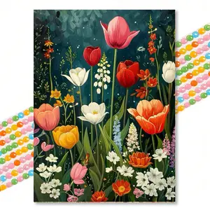 Colorful Floral Tulip Oil Painting Style Round Diamond Painting Kit 30x40cm Mosaic Cross Stitch Unframed Wall Art for Living Room Bedroom Entryway Decor