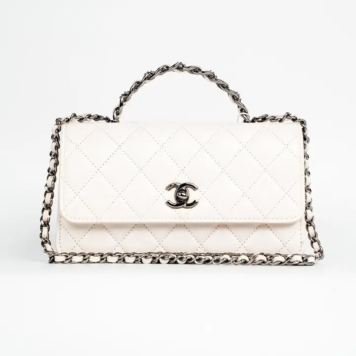 Pre-owned CHANEL Top Handle WOC White Lambskin Ruthenium Hardware