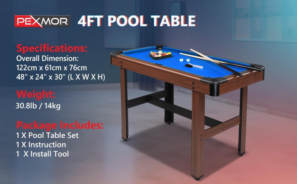PEXMOR 48" Pool Table, Billiard Game Table for Kids and Adults, Mini Pool Table Set Indoor & Outdoor for Game Room Family with Balls, Cues, Chalk, Brush and Triangle