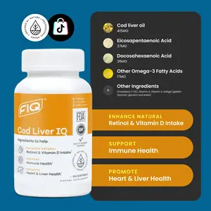 Cod Liver IQ Healthcare Natural - High in Omega-3 Fatty Acids, Vitamin A & D, Supports Heart, Skin, & Brain Health, 100 Softgels, Edible Supplement