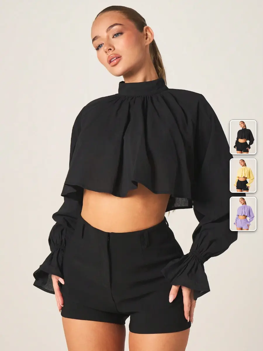 LALUZ Poplin Babydoll Blouse Puff Sleeves High Neck Ruffle Cropped Going Out Top