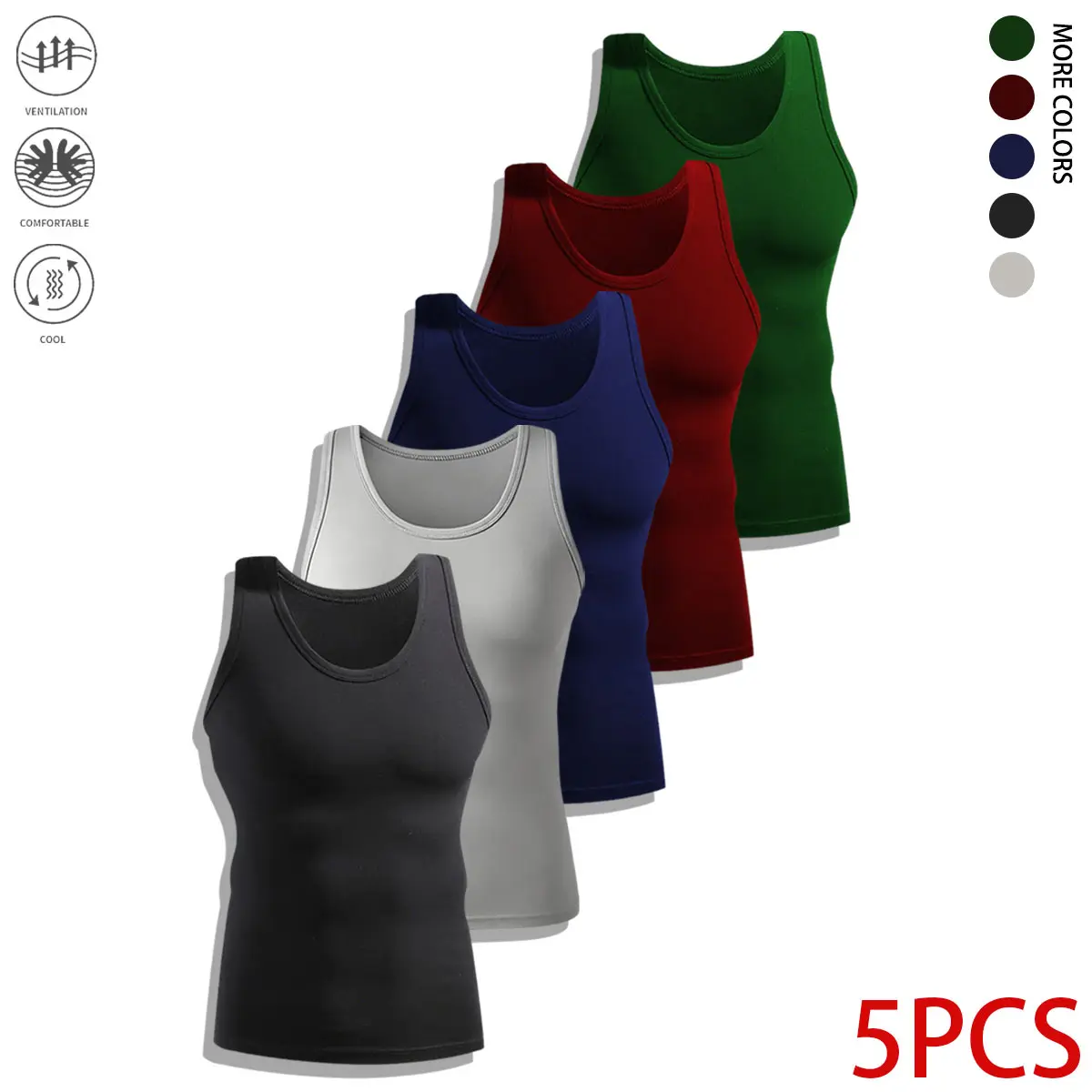 5-Pack Men's Quick-Dry Breathable Twill Running Tank Tops - Moisture-Wicking Crew-Neck Sleeveless Athletic Performance Sports Vests for Gym, Summer Runs, Machine-Washable Casual Sportswear, Breathable Material Men's Sports Vest
