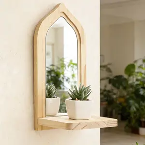 Handmade Round Wooden Makeup Mirror Shelf, Solid Wood Smooth Texture, Hollow Out Storage Wall Decor, Minimalist Stable Design, Airbnb Style Home Decor