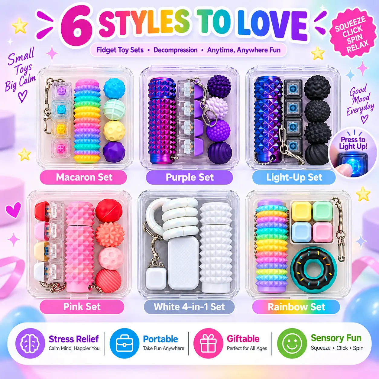 Portable 3-in-1 Fidget Toys Set - Spiky Grippie Stim Keychain, Mini Pop Keyboard Clicker, Magnetic Stress Balls, Small Gift for Ages 6+ Friends