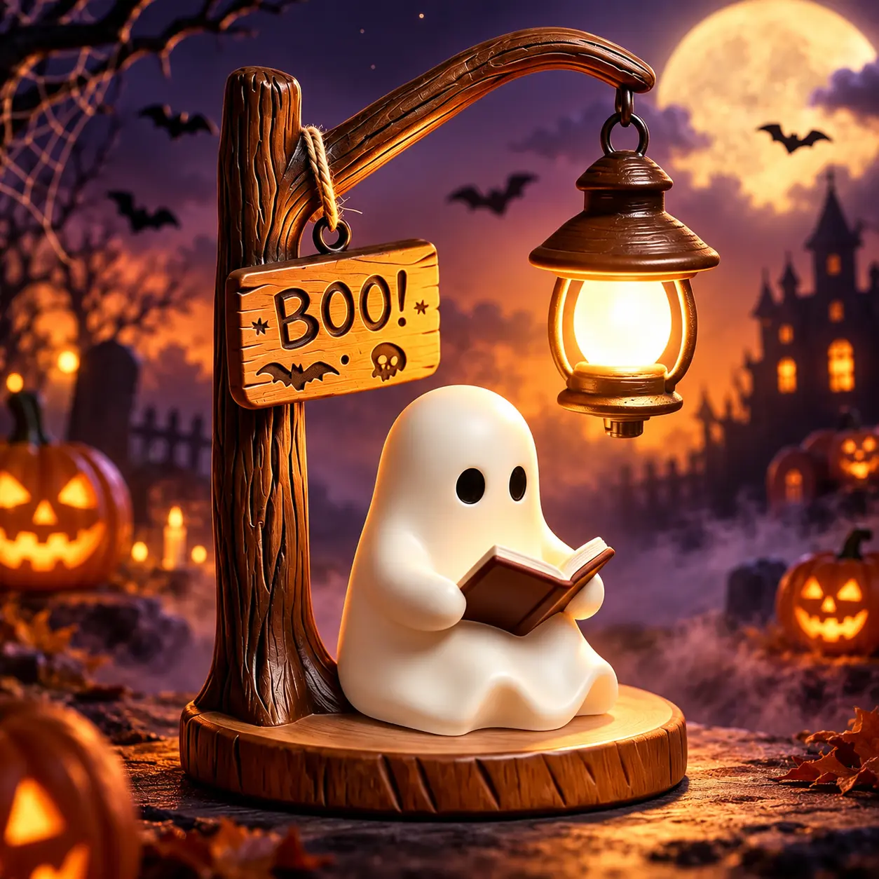 Halloween Ghost Reading Lamp, 15.5cm Cute BOO Lantern Tabletop Decor, Warm Glow Ghost Figurine for Desk Shelf Home Party Gift
