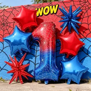 7pcs Superhero Theme Balloon Set, Balloon Decorations Kit, 32-Inch Number Balloons 0-9, Star & Explosion Balloons, Birthday Party Decoration