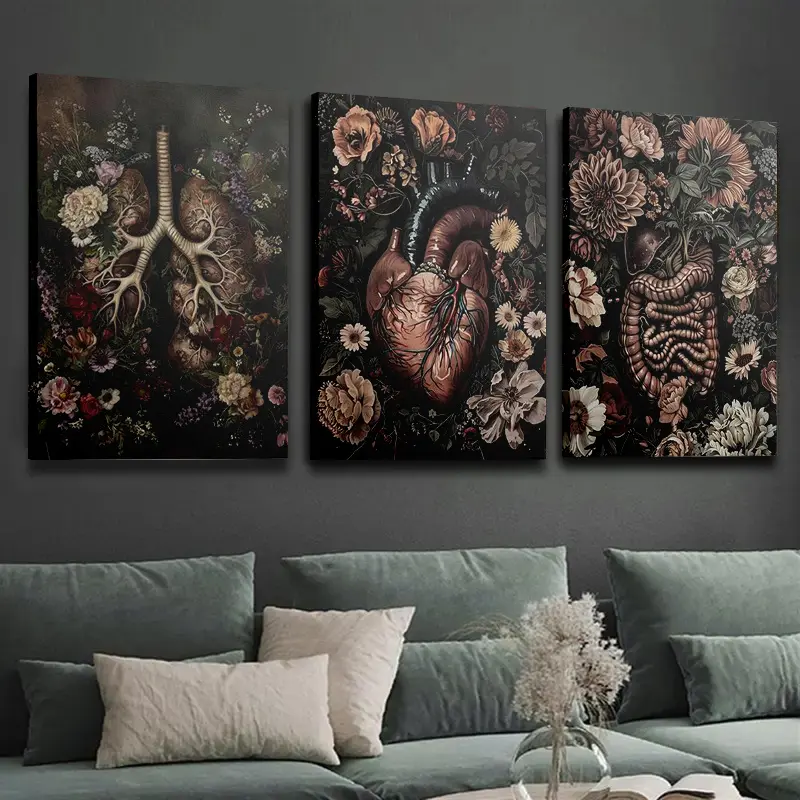 Artistic 3-Piece Renaissance Canvas Wall Art Set, Pine Wood Wrapped Frame, Watercolor Flower & Heart Artful Motif Hanging Decor, Bohemian Spring-Summer Ink Prints for Home Office, Living Room Decoration