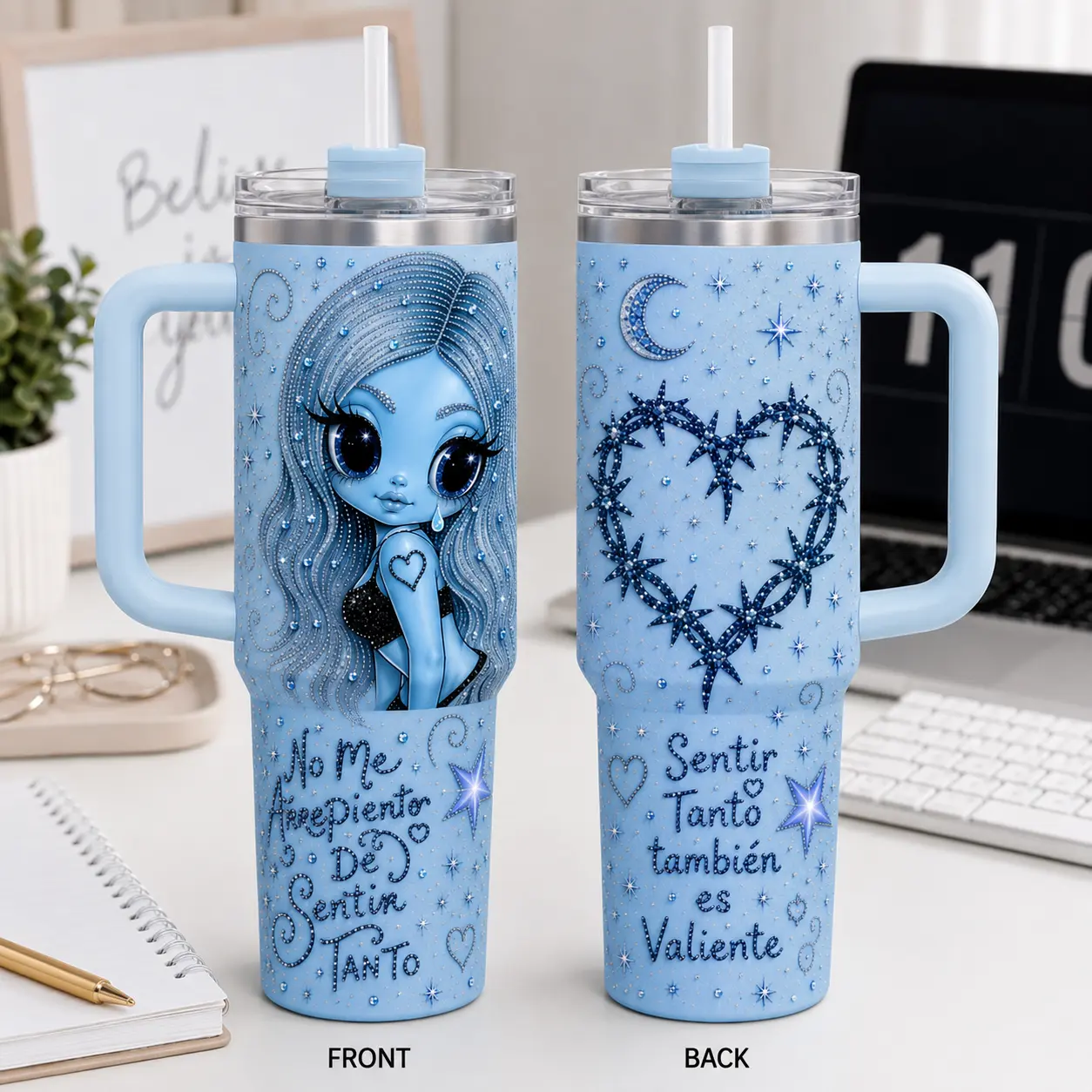 Blue Rhinestone Emotional Quote Tumbler 20oz/30oz/40oz, Sparkly Heart Design Insulated Travel Cup with Straw, Aesthetic Gift for Women