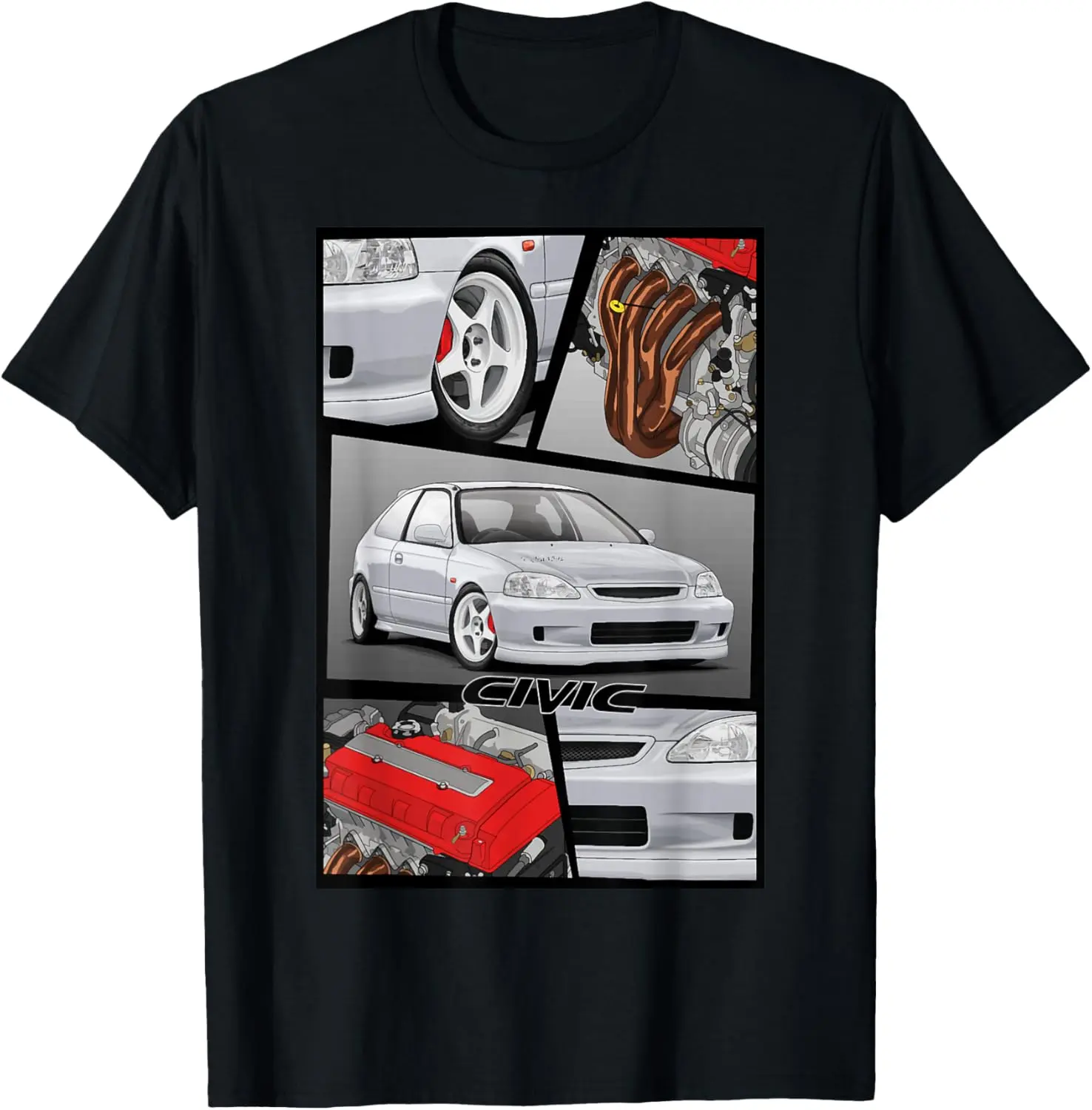 Men's Streetwear T-Shirt - 100% Cotton Short-Sleeve Vintage Japanese Car Graphic with Civic EK B16 Engine, M, Gifts Adults, Distressed, Menswear, Graphic Print, Basic, Preppy, Pure Cotton, Round Neck, Car Graphics