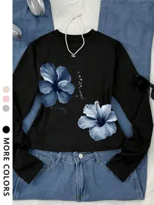 Girls Casual Floral Print Short Sleeve Round Neck T-Shirt, Fitted Design, Suitable for All Seasons, Perfect for Everyday Wear, Graphic Print Tee