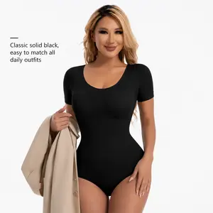 Short Sleeve Built-In Cup Shaping Bodysuit | U-Neck Waist Support Compression Bodysuit With Easy Hook Crotch, Hidden Layering For Daily & Formal Events