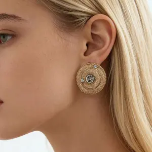 Vintage Gold Mesh Spiral Stud Earrings for Women Luxury Shiny Crystal Statement Jewelry 2026 TikTok Viral Trendy Fashion Accessory Lightweight Comfortable for Everyday Wear Party Date Night Wedding Holiday Birthday Gift for Her Hypoallergenic Ear Jewelry