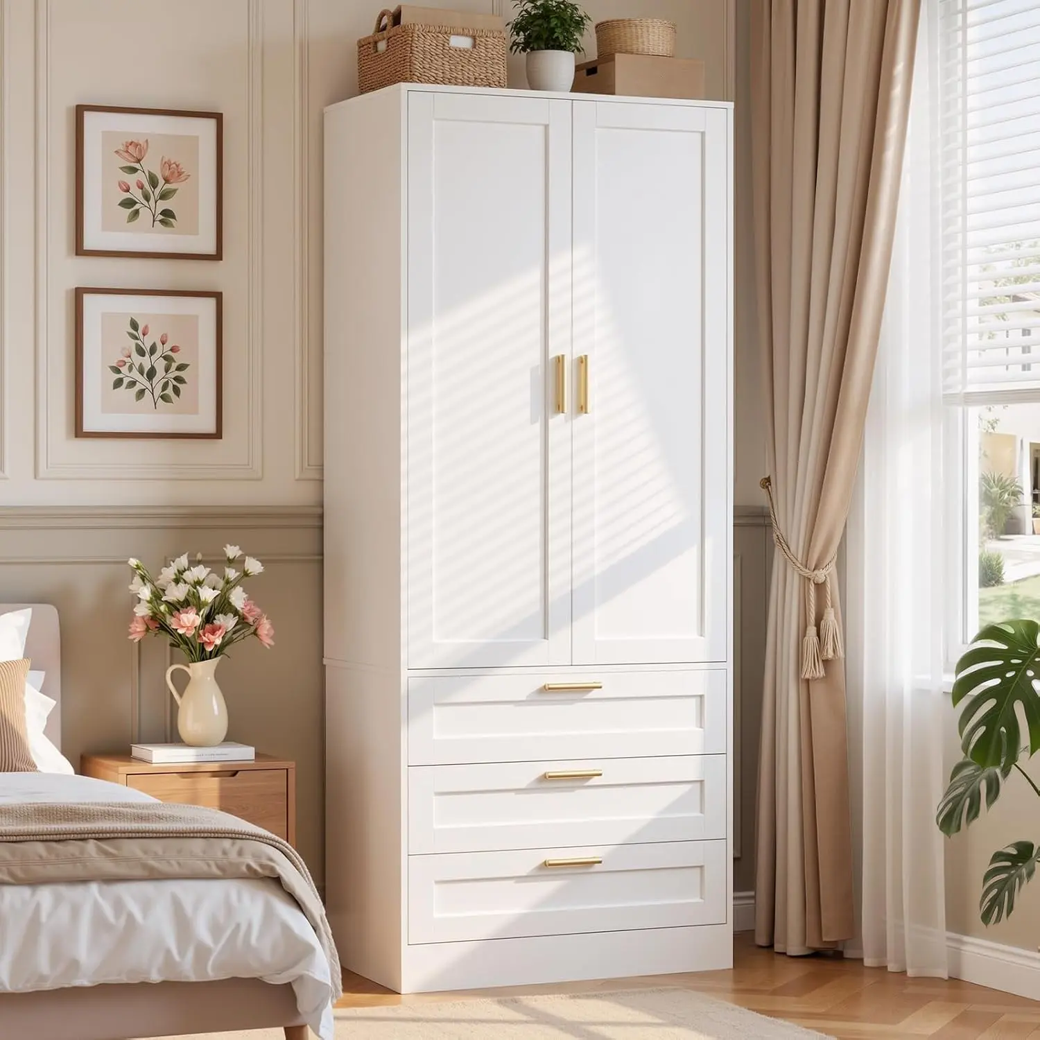 Wooden Wardrobe Closet - 68'' Tall Cabinet Wardrobe with 2 Doors, 2 Drawers & Hanging Rods, Spacious Stylish Storage Organizer for Bedroom Indoor Furniture, Spacious Wardrobes