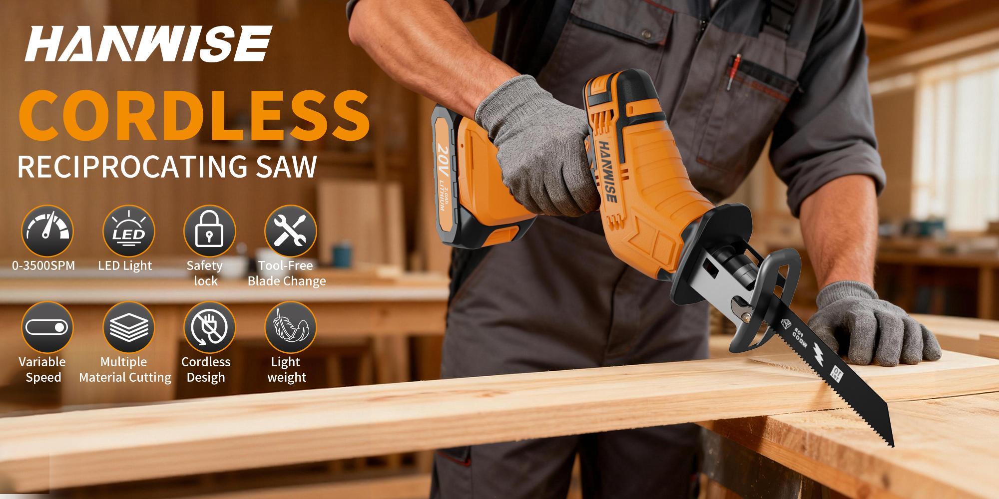 Reciprocating Saw, Electric Saw with Charger And Battery, 20V Power Saws, Variable Speed from 0 to 3500 SPM, Tool-Free Blade Replacement, Includes 4 Blades for Cutting Wood, PVC