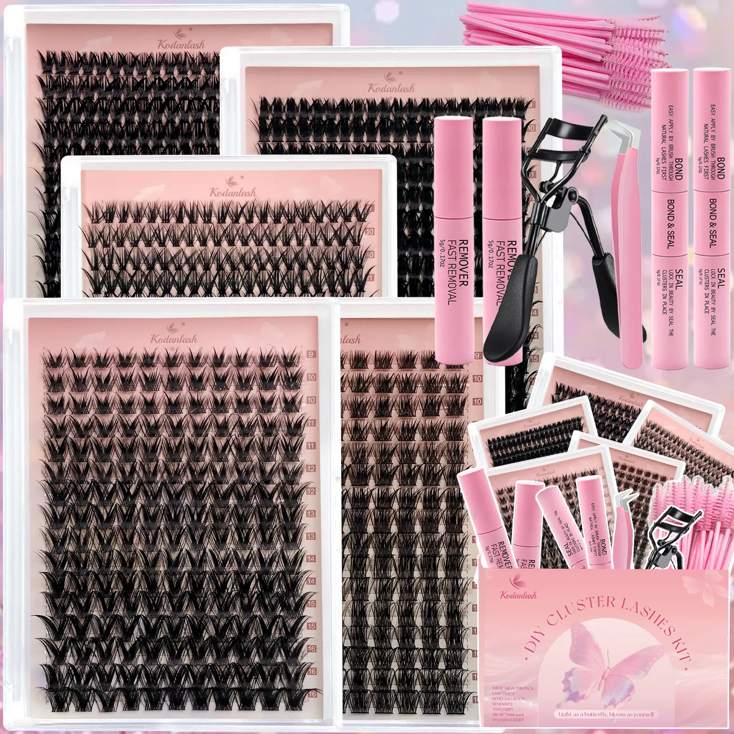 1312Pcs High Capacity  Kit 5 Trays D Curl Fluffy  Clusters Eyelash Extension Gift Kit Multiple Styles Mixed Length Eyelash Curler Set With 2  Bond&Seal 2  Removers 1 remover tweezer 1  Curl, Waterproof Volume Lashes kit, lash kit purse