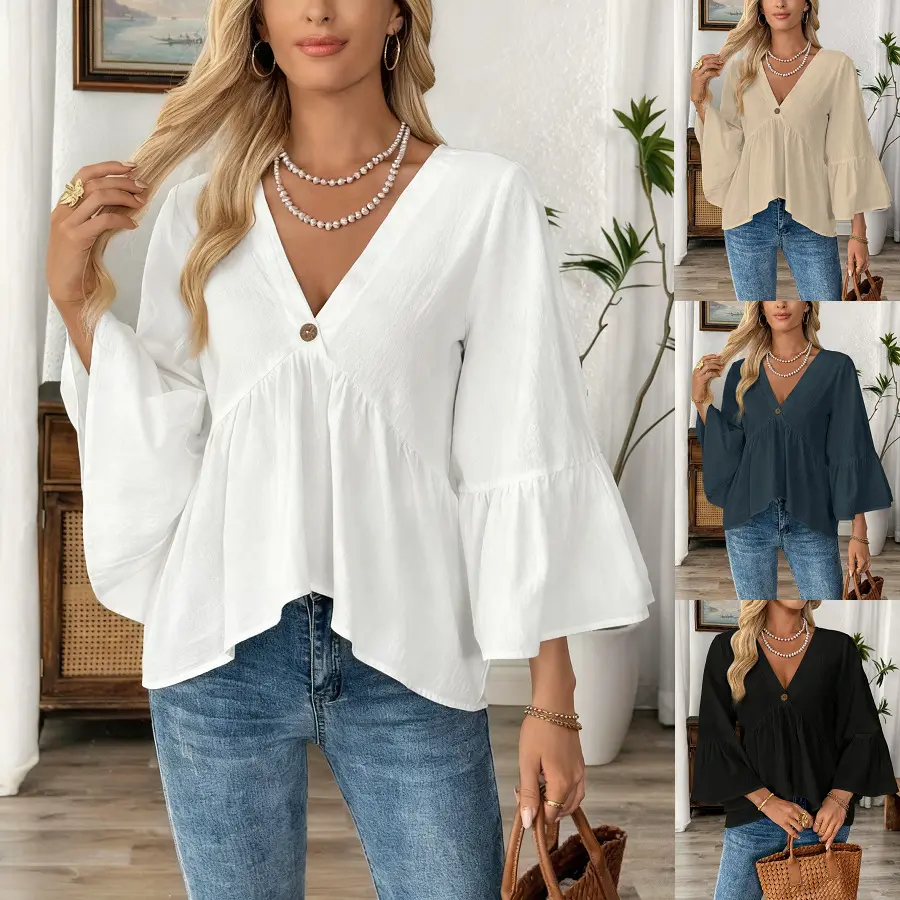 Women's V-Neck Bell Sleeve Peplum Blouse - Lady's Minimalist Flowy Fabric Shirt, Casual Everyday Versatile Boho Top