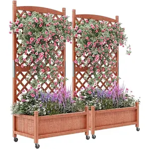 2-Pack Tall Wood Planter Box with Trellis, 61.5" H Raised Garden Bed on Wheels, Vertical Stand Planter with Drainage Holes for Patio, Balcony & Outdoor Garden