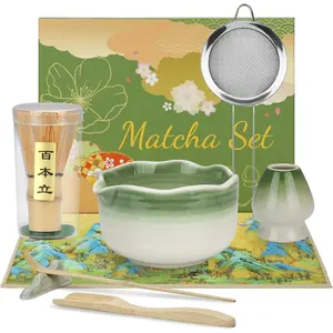 8 count Matcha Whisk Set, Ceramic Matcha Kit Set,   Ceremony Tools with Matcha Bowl, Spoon,  Whisk, Holder, Sifter,  Cloth, Scoop and Scoop Stand (Dark Green and White)