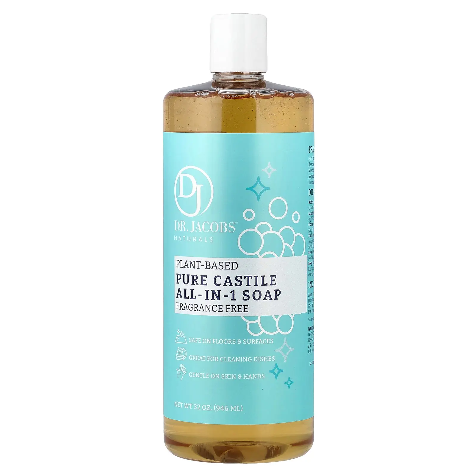 Dr. Jacobs Naturals Plant-Based Pure Castile All-In-1 Soap, Fragrance Free, 32 oz (946 ml)